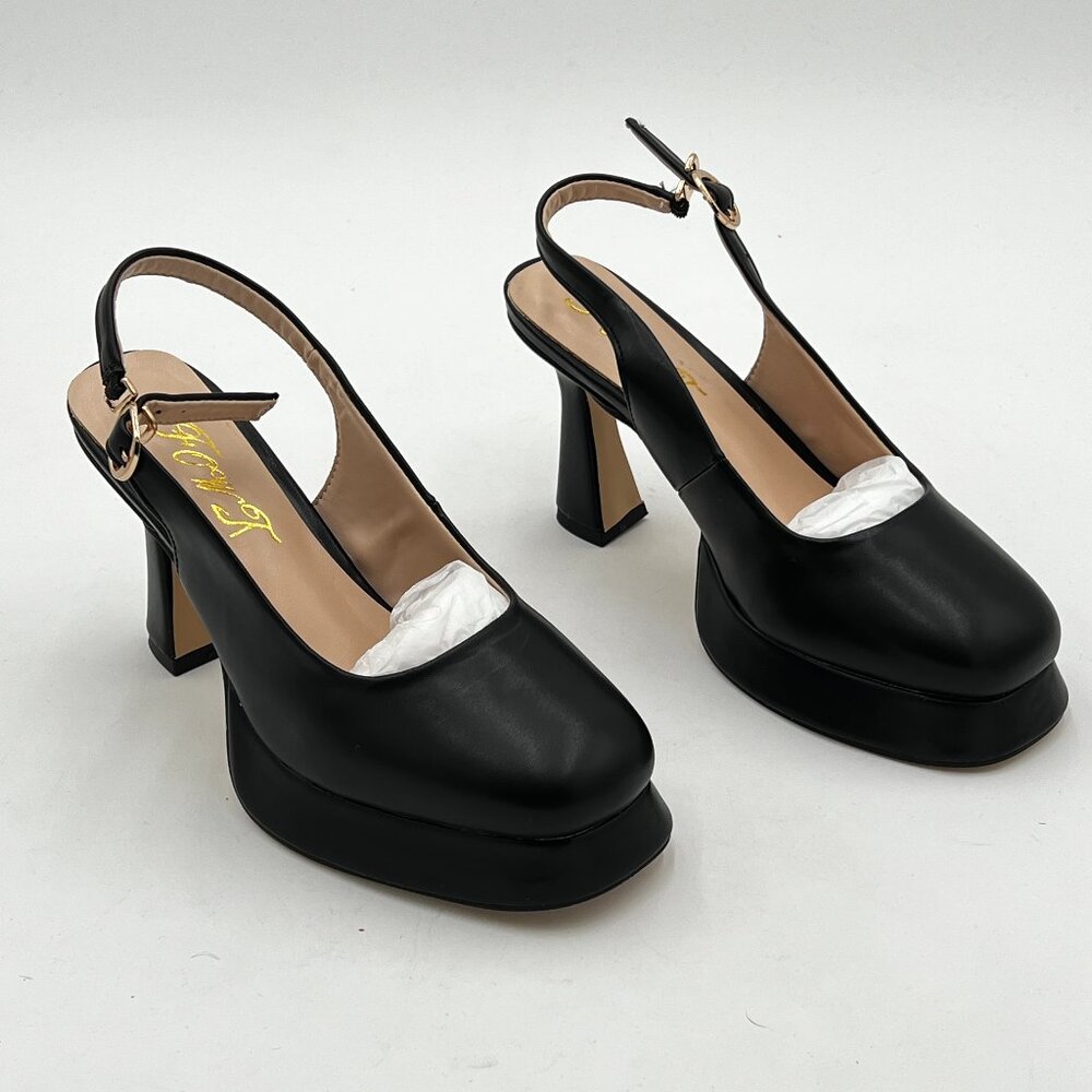 FOWT Black Platform Closed Square Toe Pumps Block High Heels Ankle Backstrap